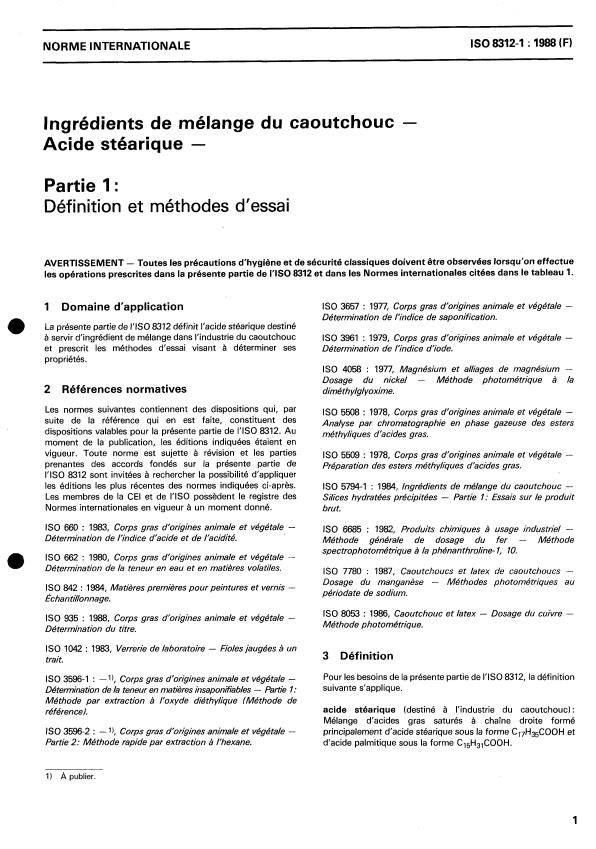 ISO 8312-1:1988 - Ingrédients de mélange du caoutchouc -- Acide stéarique