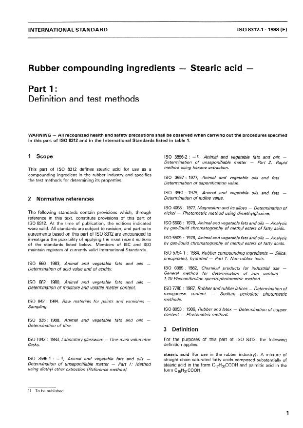 ISO 8312-1:1988 - Rubber compounding ingredients -- Stearic acid