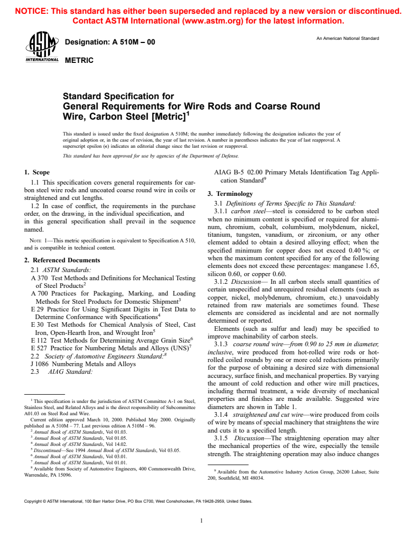 ASTM A510M-00 - Standard Specification for General Requirements for Wire Rods and Coarse Round Wire, Carbon Steel [Metric]