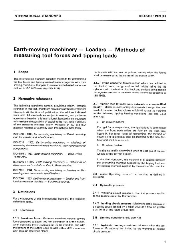 ISO 8313:1989 - Earth-moving machinery -- Loaders -- Methods of measuring tool forces and tipping loads