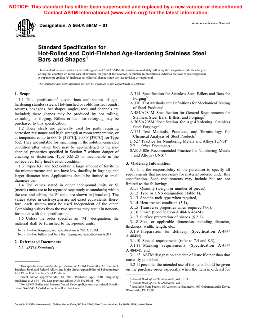 ASTM A564/A564M-01 - Standard Specification for Hot-Rolled and Cold-Finished Age-Hardening Stainless Steel Bars and Shapes