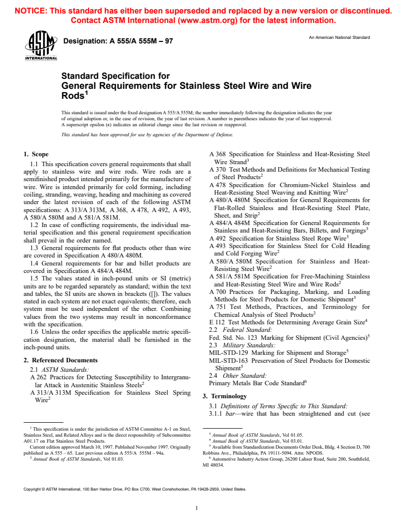 ASTM A555/A555M-97 - Standard Specification for General Requirements for Stainless Steel Wire and Wire Rods