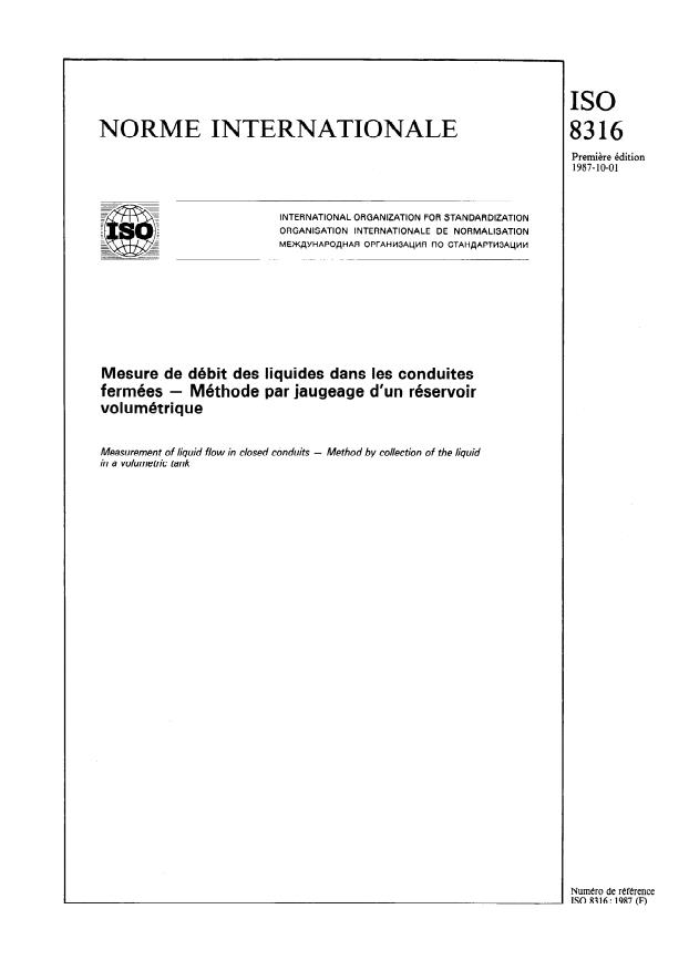 ISO 8316:1987 - Mesure de débit des liquides dans les conduites fermées -- Méthode par jaugeage d'un réservoir volumétrique