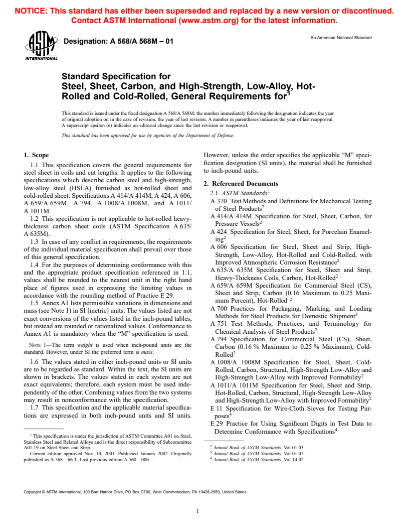 ASTM A568/A568M-01 - Standard Specification for Steel, Sheet, Carbon, and High-Strength, Low-Alloy, Hot-Rolled and Cold-Rolled, General Requirements for