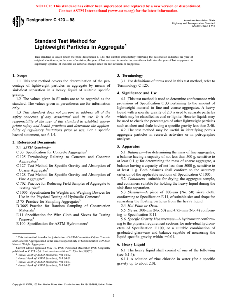 ASTM C123-98 - Standard Test Method for Lightweight Particles in Aggregate