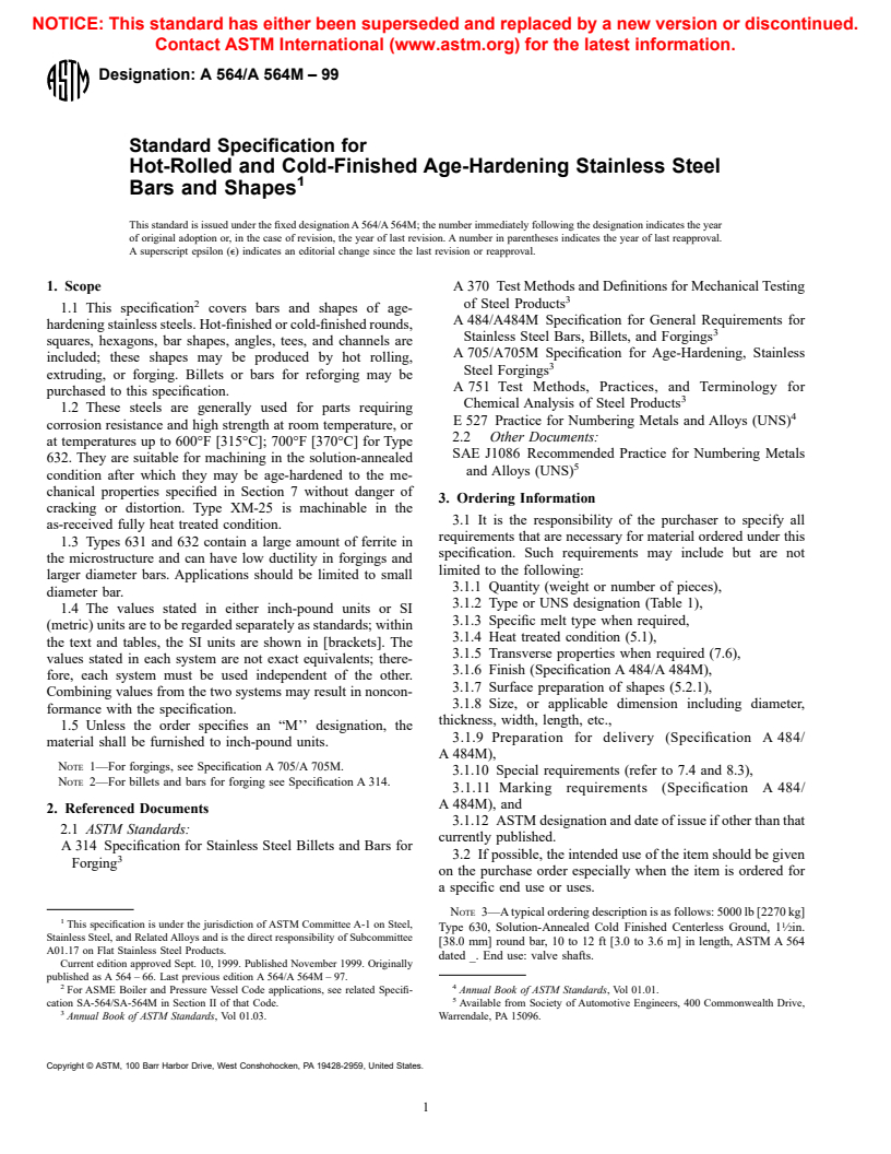 ASTM A564/A564M-99 - Standard Specification for Hot-Rolled and Cold-Finished Age-Hardening Stainless Steel Bars and Shapes