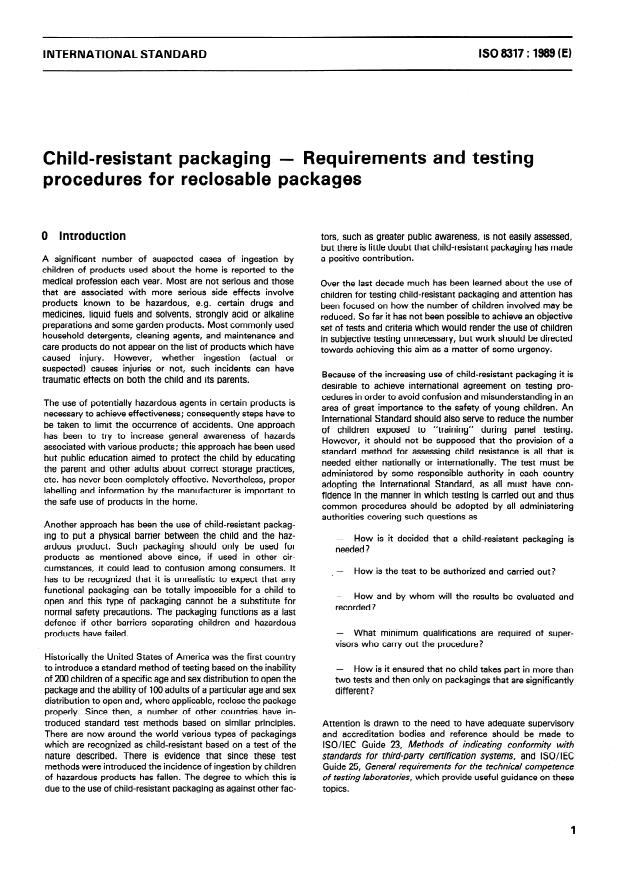 ISO 8317:1989 - Child-resistant packaging -- Requirements and testing procedures for reclosable packages