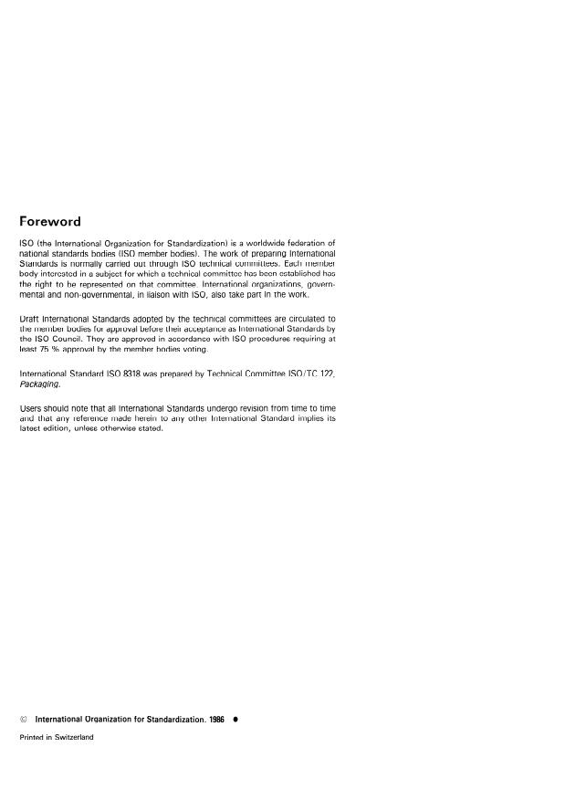 ISO 8318:1986 ISO 8318:1986 - Packaging -- Complete, filled transport packages -- Vibration tests using a sinusoidal variable frequency - Page 2 preview