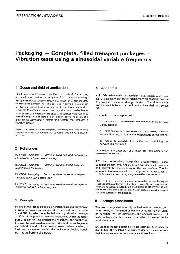 ISO 8318:1986 - Packaging -- Complete, filled transport packages -- Vibration tests using a sinusoidal variable frequency