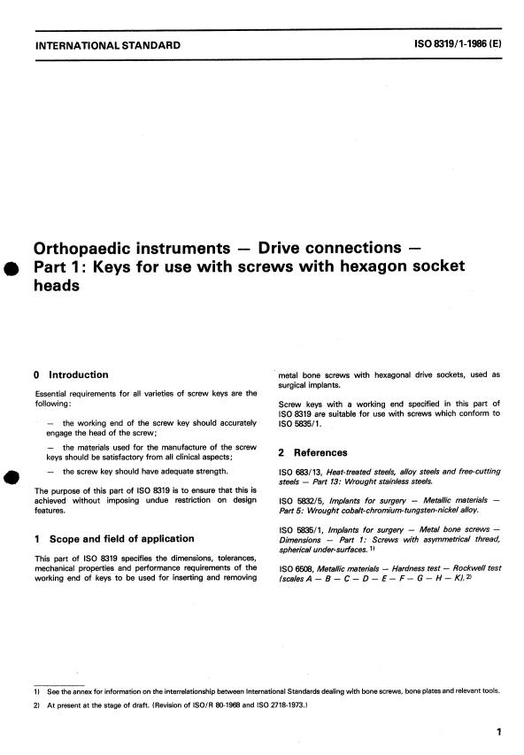 ISO 8319-1:1986 - Orthopaedic instruments -- Drive connections