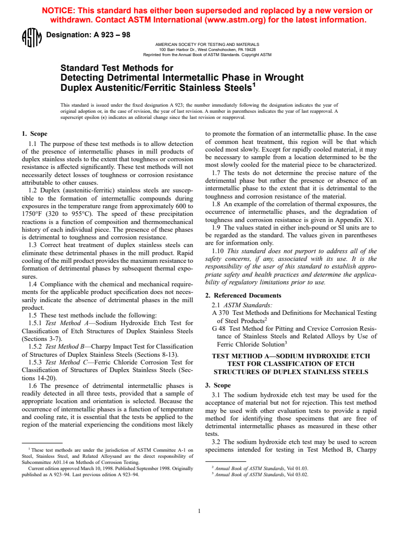 ASTM A923-98 - Standard Test Methods for Detecting Detrimental Intermetallic Phase in Wrought Duplex Austenitic/Ferritic Stainless Steels