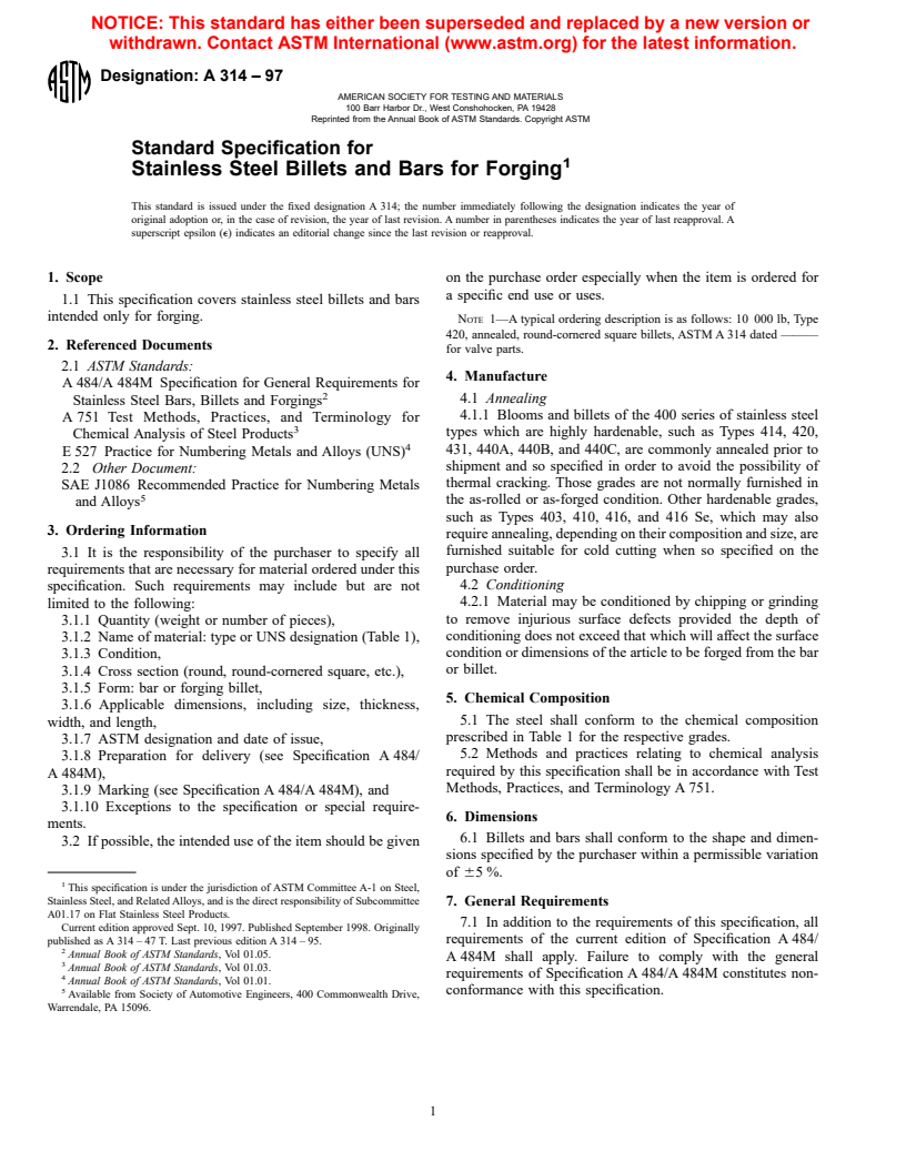 ASTM A314-97 - Standard Specification for Stainless Steel Billets and Bars for Forging