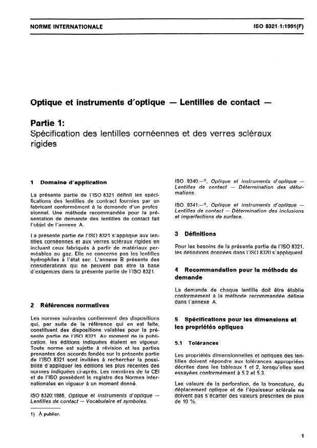 ISO 8321-1:1991 - Optique et instruments d'optique -- Lentilles de contact