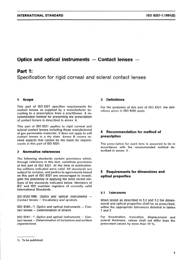 ISO 8321-1:1991 - Optics and optical instruments -- Contact lenses
