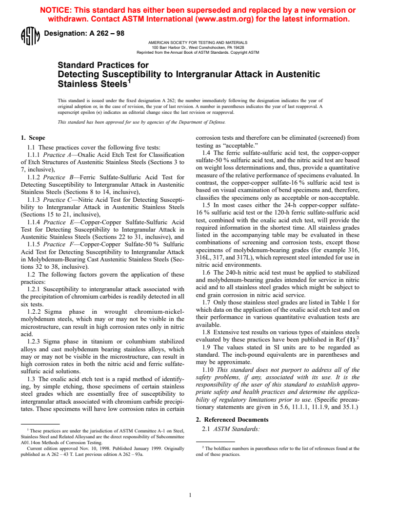 ASTM A262-98 - Standard Practices for Detecting Susceptibility to Intergranular Attack in Austenitic Stainless Steels