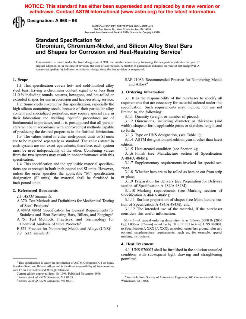 ASTM A968-96 - Standard Specification for Chromium, Chromium-Nickel, and Silicon Alloy Steel Bars and Shapes for Corrosion and Heat-Resisting Service