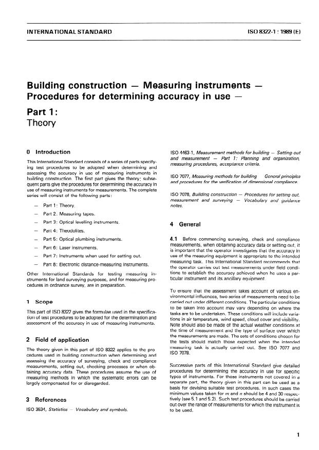 ISO 8322-1:1989 - Building construction -- Measuring instruments -- Procedures for determining accuracy in use