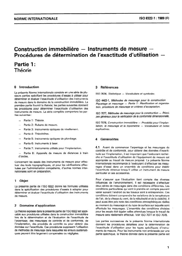 ISO 8322-1:1989 - Construction immobiliere -- Instruments de mesure -- Procédures de détermination de l'exactitude d'utilisation