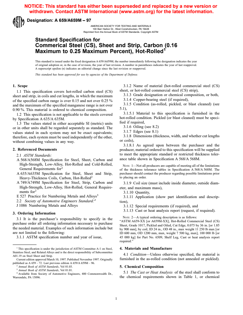 ASTM A659/A659M-97 - Standard Specification for Commercial Steel (CS), Sheet and Strip, Carbon (0.16 Maximum to 0.25 Maximum Percent), Hot-Rolled