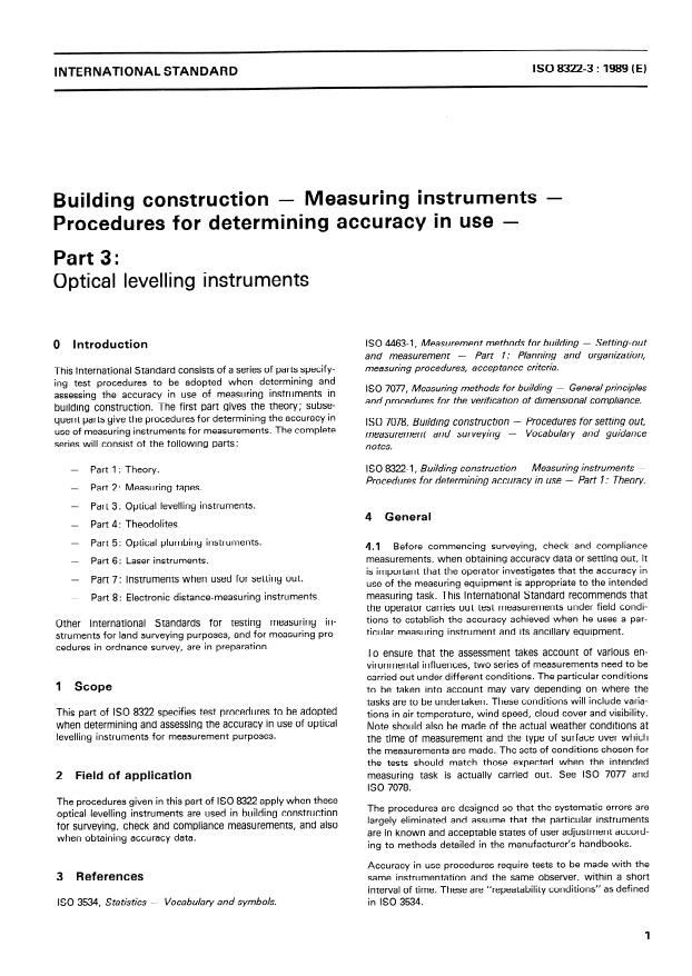 ISO 8322-3:1989 - Building construction -- Measuring instruments -- Procedures for determining accuracy in use