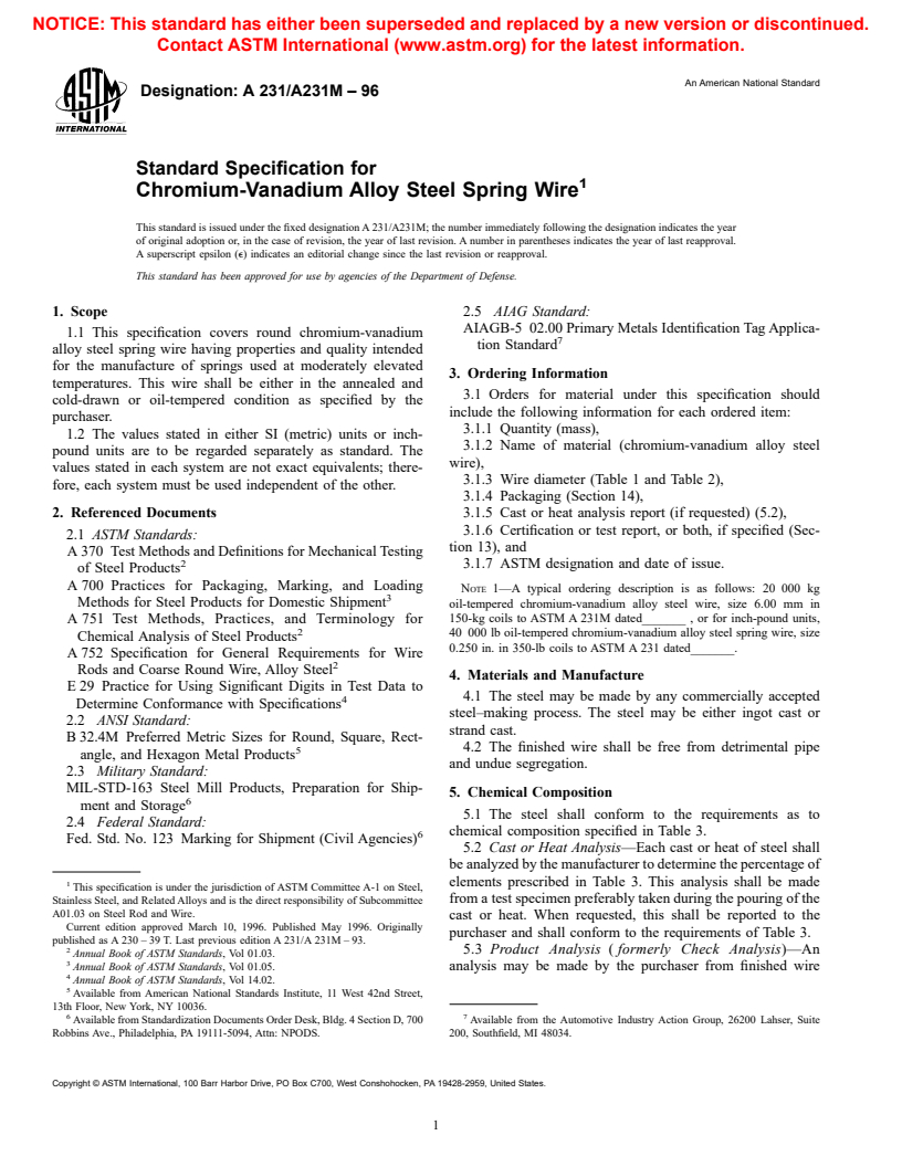 ASTM A231/A231M-96 - Standard Specification for Chromium-Vanadium Alloy Steel Spring Wire