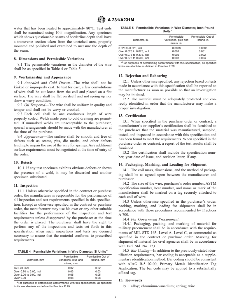 ASTM A231/A231M-96 - Standard Specification for Chromium-Vanadium Alloy Steel Spring Wire