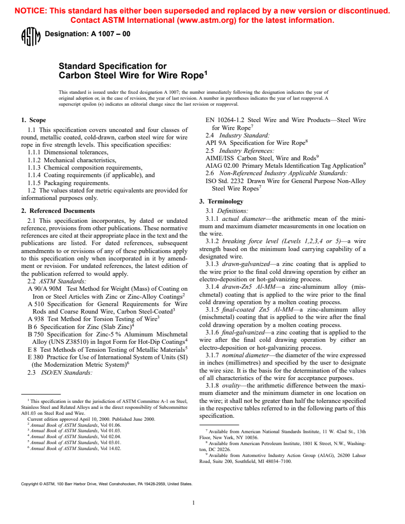 ASTM A1007-00 - Standard Specification for Carbon Steel Wire for Wire Rope