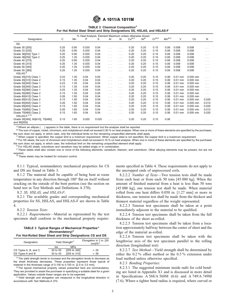 ASTM A1011/A1011M-01a - Standard Specification for Steel, Sheet and Strip, Hot-Rolled, Carbon, Structural, High-Strength Low-Alloy and High-Strength Low-Alloy with Improved Formability