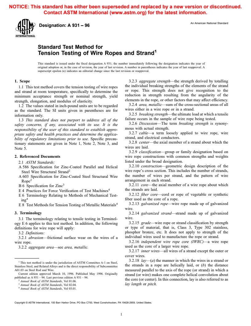 ASTM A931-96 - Standard Test Method for Tension Testing of Wire Ropes and Strand