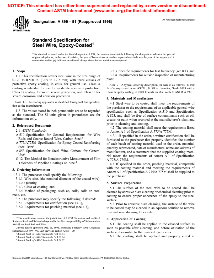 ASTM A899-91(1996) - Standard Specification for Steel Wire, Epoxy-Coated