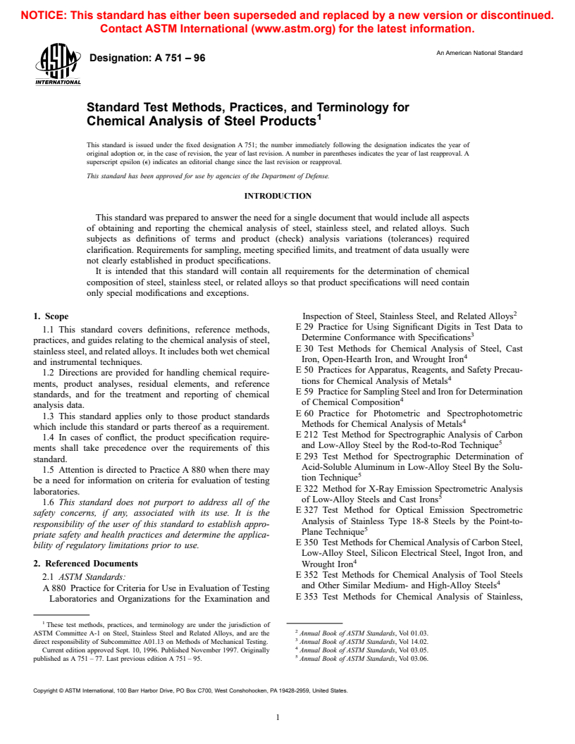 ASTM A751-96 - Standard Test Methods, Practices, and Terminology for Chemical Analysis of Steel Products