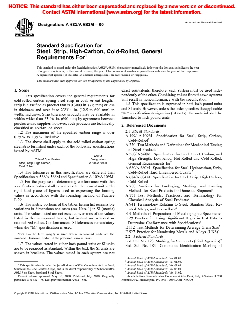 ASTM A682/A682M-00 - Standard Specification for Steel, Strip, High-Carbon, Cold-Rolled, General Requirements For