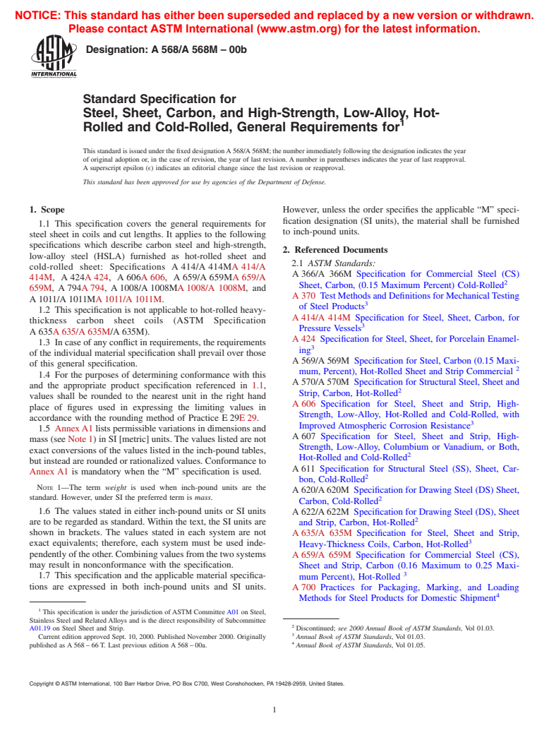 ASTM A568/A568M-00b - Standard Specification for Steel, Sheet, Carbon, and High-Strength, Low-Alloy, Hot-Rolled and Cold-Rolled, General Requirements for