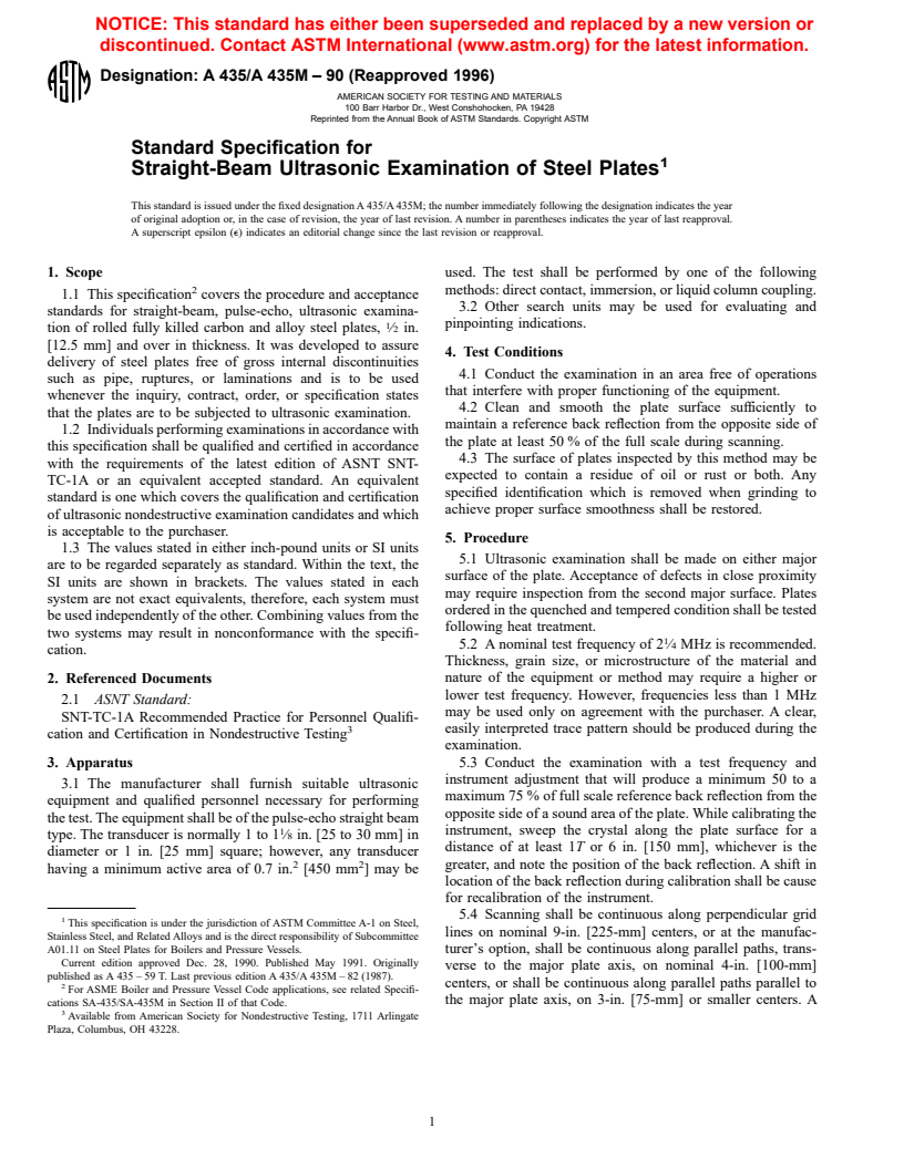 ASTM A435/A435M-90(1996) - Standard Specification for Straight-Beam Ultrasonic Examination of Steel Plates