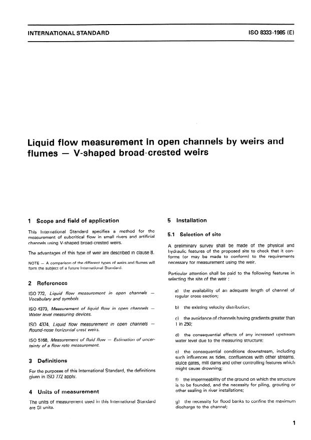 ISO 8333:1985 - Liquid flow measurement in open channels by weirs and flumes -- V-shaped broad-crested weirs