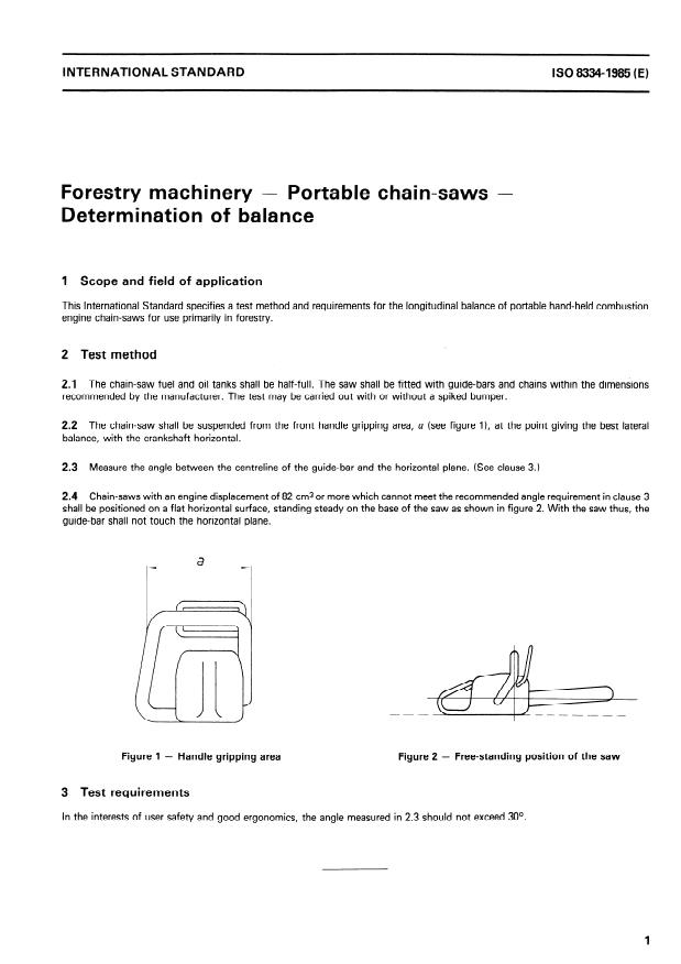 ISO 8334:1985 - Forestry machinery -- Portable chain-saws -- Determination of balance