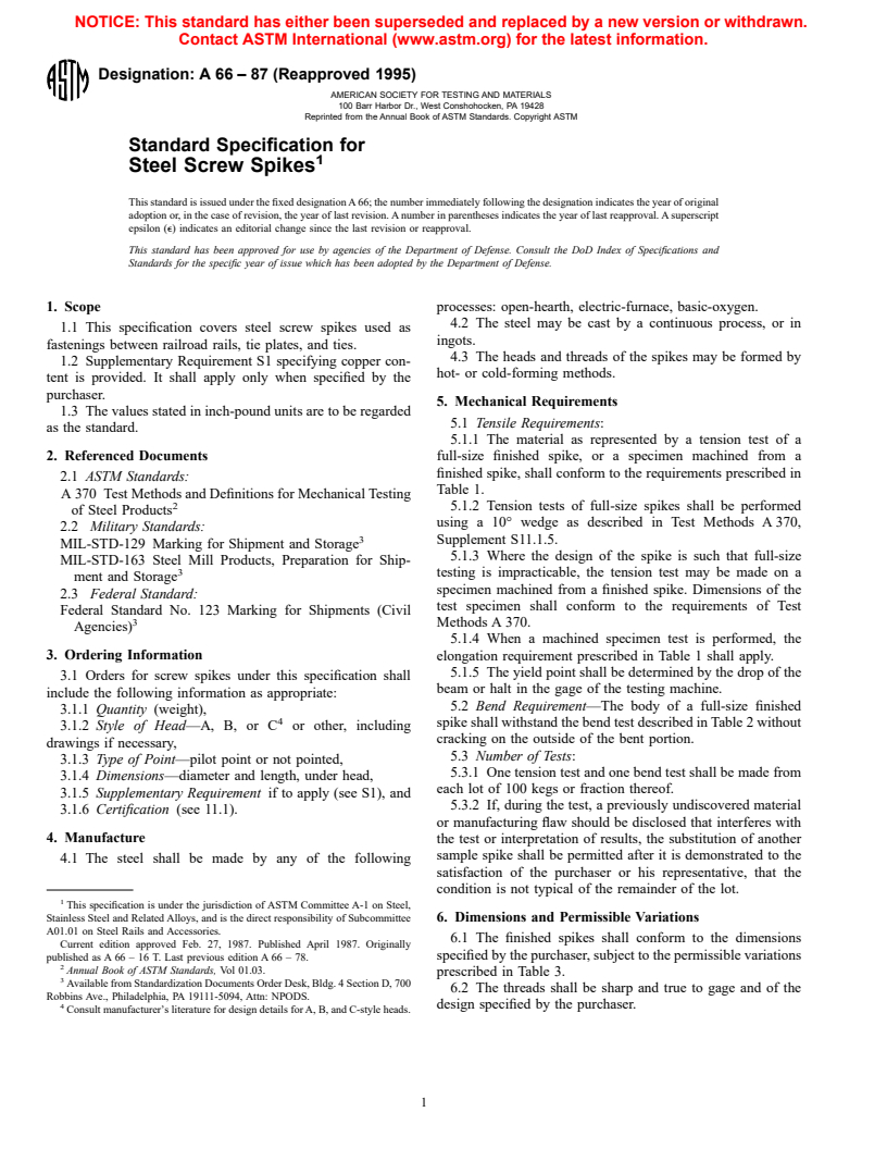 ASTM A66-87(1995) - Standard Specification for Steel Screw Spikes