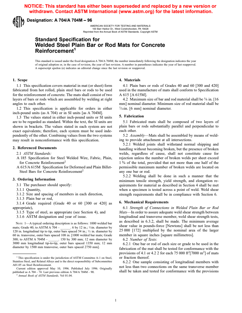 ASTM A704/A704M-96 - Standard Specification for Welded Steel Plain Bar or Rod Mats for Concrete Reinforcement