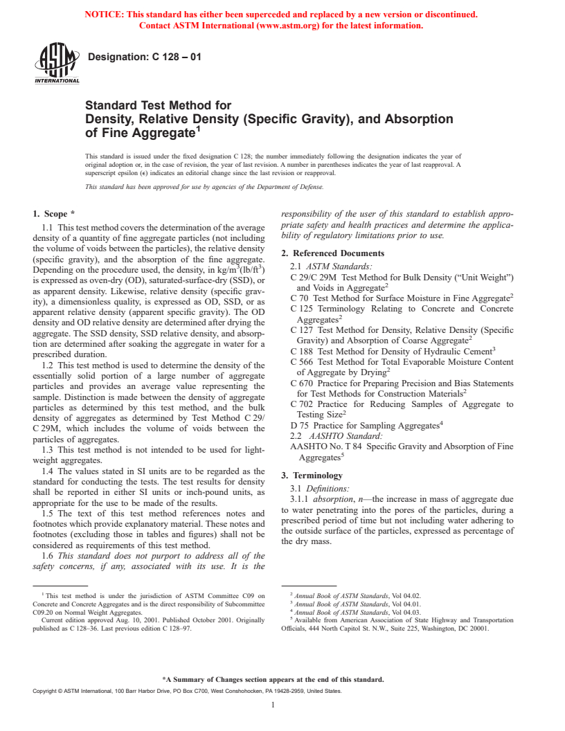 ASTM C128-01 - Standard Test Method for Density, Relative Density (Specific Gravity), and Absorption of Fine Aggregate