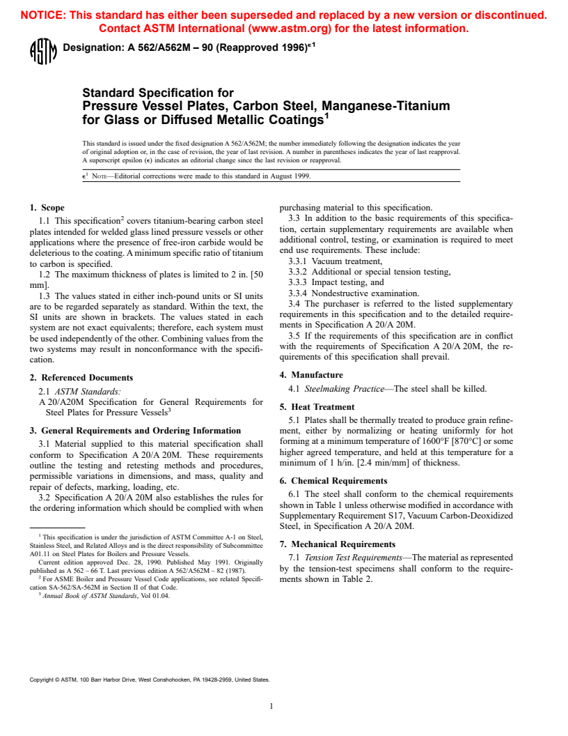 ASTM A562/A562M-90(1996)e1 - Standard Specification for Pressure Vessel Plates, Carbon Steel, Manganese-Titanium for Glass or Diffused Metallic Coatings