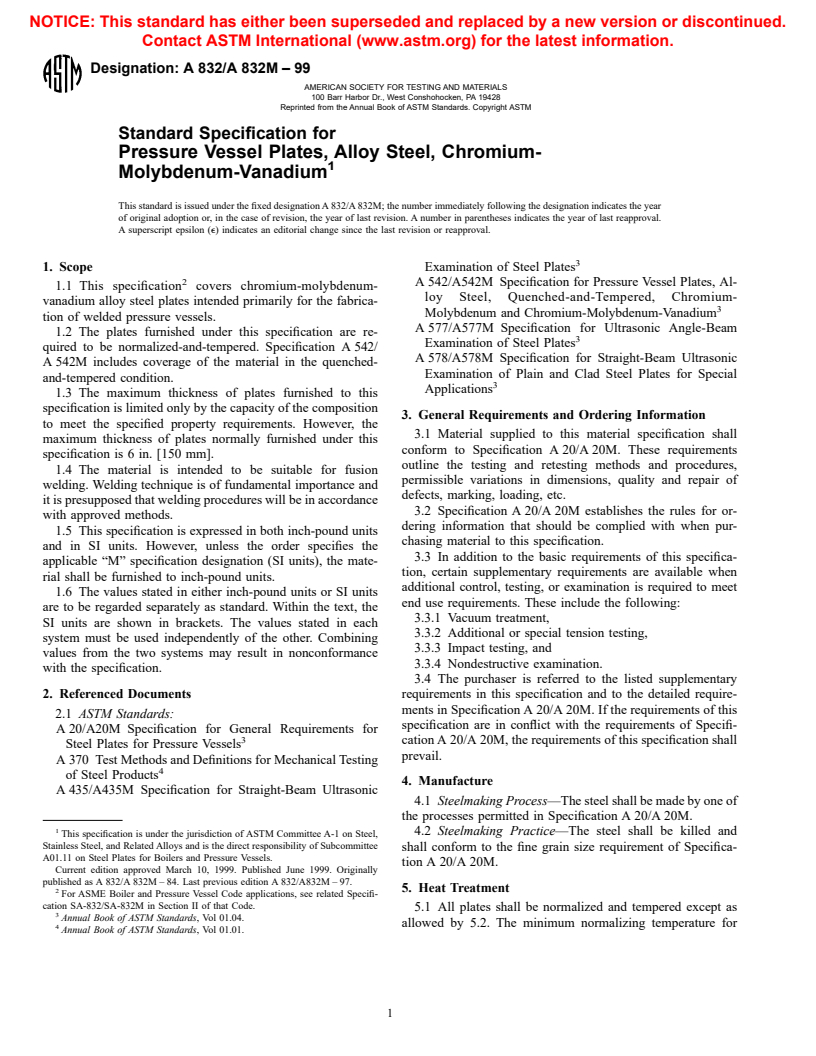 ASTM A832/A832M-99 - Standard Specification for Pressure Vessel Plates, Alloy Steel, Chromium-Molybdenum-Vanadium