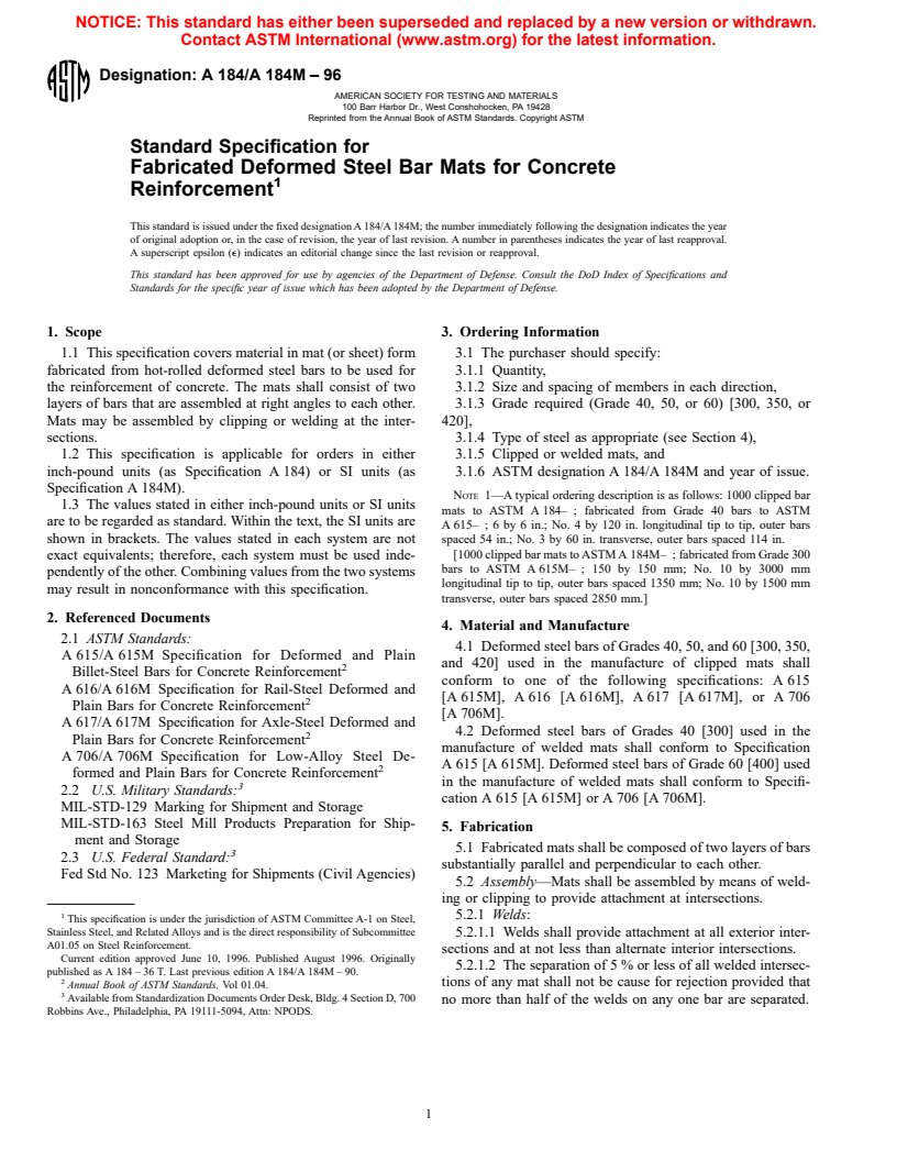 ASTM A184/A184M-96 - Standard Specification for Fabricated Deformed Steel Bar Mats for Concrete Reinforcement