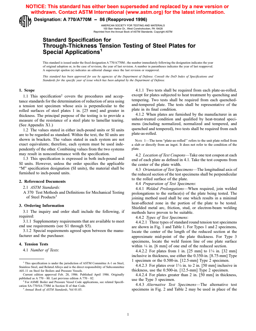 ASTM A770/A770M-86(1996) - Standard Specification for Through-Thickness Tension Testing of Steel Plates for Special Applications