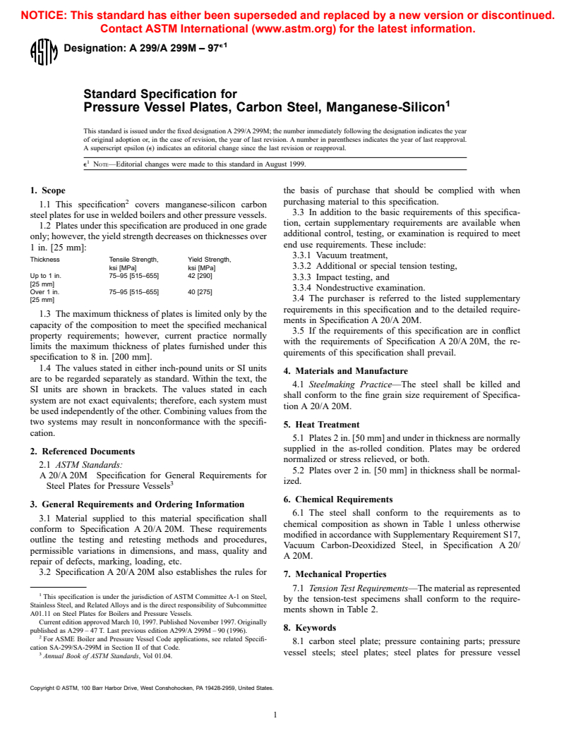 ASTM A299/A299M-97e1 - Standard Specification for Pressure Vessel Plates, Carbon Steel, Manganese-Silicon