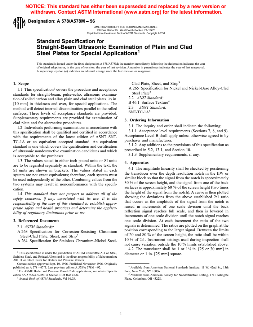 ASTM A578/A578M-96 - Standard Specification for Straight-Beam Ultrasonic Examination of Plain and Clad Steel Plates for Special Applications