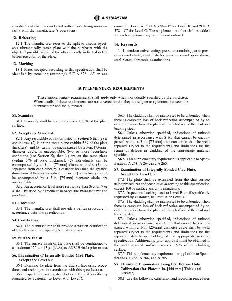 ASTM A578/A578M-96 - Standard Specification for Straight-Beam Ultrasonic Examination of Plain and Clad Steel Plates for Special Applications