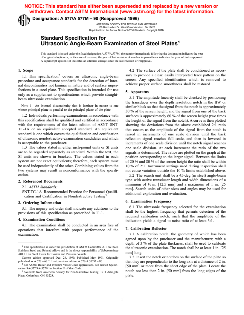 ASTM A577/A577M-90(1996) - Standard Specification for Ultrasonic Angle-Beam Examination of Steel Plates