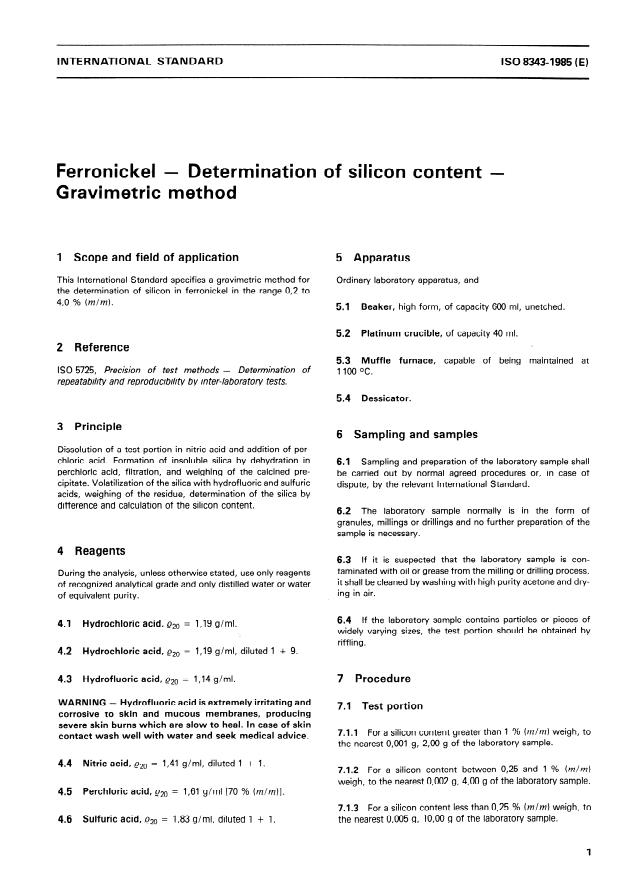 ISO 8343:1985 - Ferronickel -- Determination of silicon content -- Gravimetric method