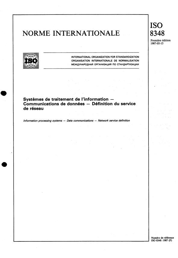 ISO 8348:1987 - Systemes de traitement de l'information -- Communication de données -- Définition du service de réseau
