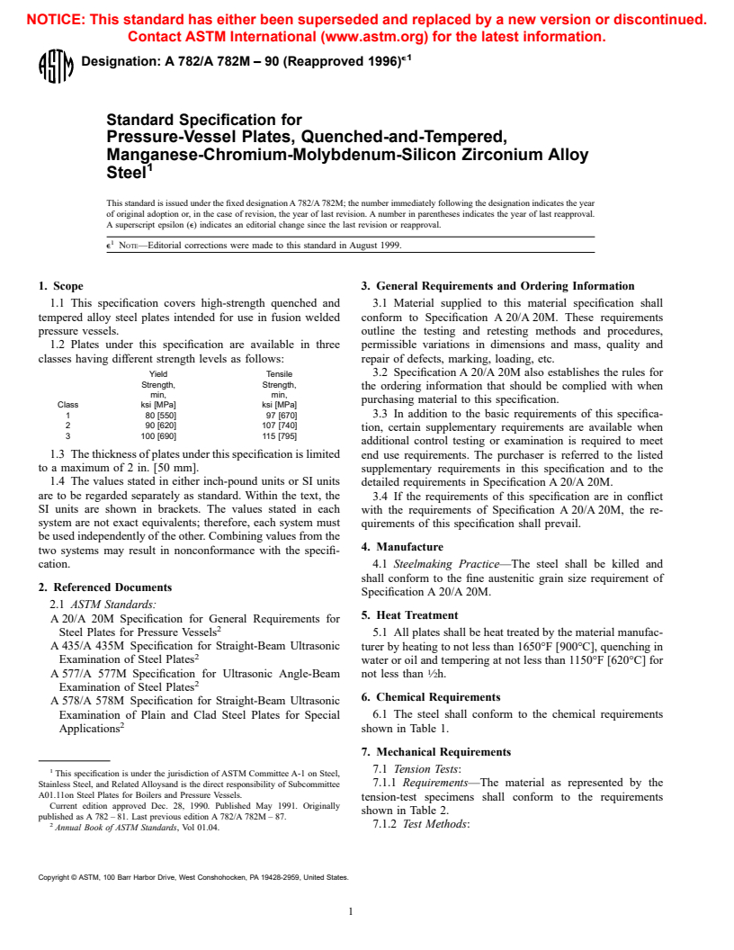 ASTM A782/A782M-90(1996)e1 - Standard Specification for Pressure-Vessel Plates, Quenched-and-Tempered, Manganese-Chromium-Molybdenum-Silicon Zirconium Alloy Steel